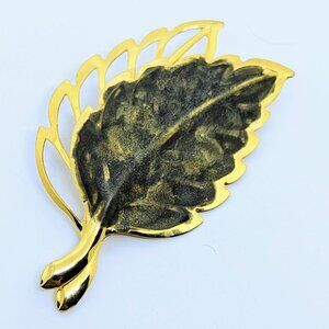 Vintage Gold-Tone Leaf Brooch Pin Green Enamel Cut-Out Autumn Fall